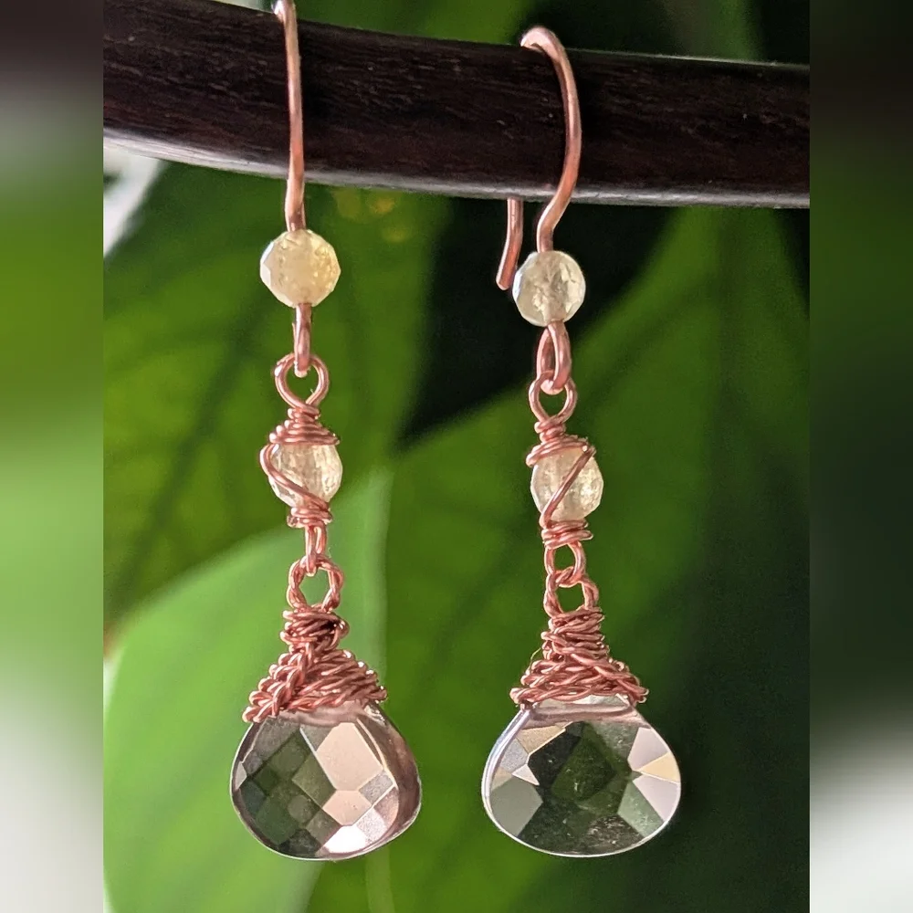 Smokey Quartz Earrings Green Garnet Accents Dangle Drop Artisan Handmade - Picture 1 of 12